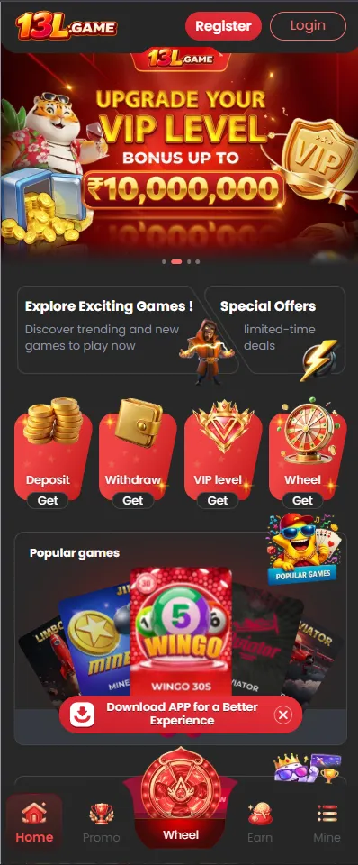 13L Game home screen with register login Wingo and download app prompt