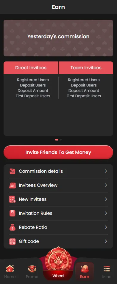 13L Game referral dashboard with invite and commission details