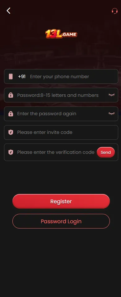 13L Game registration form on smartphone